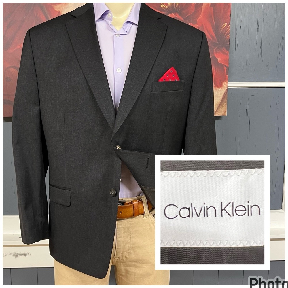 Calvin Klein Blazer Sport Coat Mens 46S Short Classic Fit Wool Stretch Dark Gray
